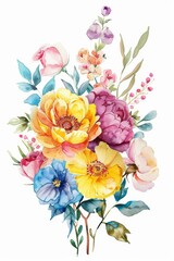Bright watercolor spring floral arrangement, isolated on white background --ar 2:3 Job ID: 7aca0d2c-1331-4ee4-ac77-72704d61f46f
