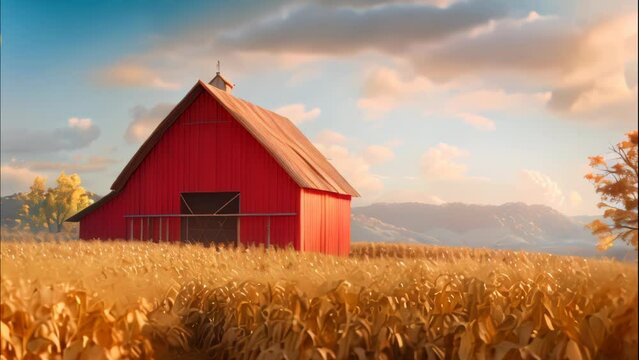 Classic red barn in a corn field. 4k video