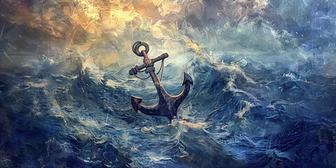 Hope: The Anchor and Stormy Seas - Picture an anchor in stormy seas, symbolizing hope as an anchor for the soul in difficult times - obrazy, fototapety, plakaty