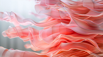 A 3D abstract sculpture resembling stacked layers of thin, sheer fabric in varying shades of pink and coral, floating ethereally. - obrazy, fototapety, plakaty