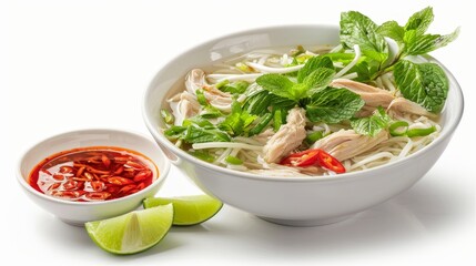 Savory chicken Pho, a comforting Vietnamese noodle soup, served with a side of chili sauce and lime wedges, elegantly presented, isolated background