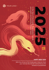 Chinese New Year 2025 modern design in red, gold colors for cover, card, poster, banner. Flyer Template,Chinese zodiac Snake symbol.