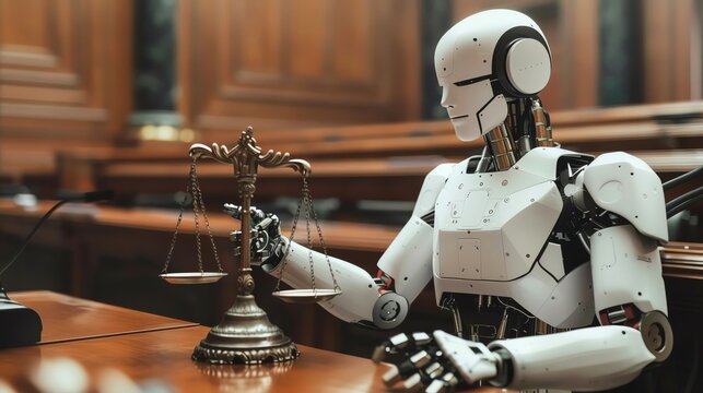 Illustrate Acceptance facilitated by AI in Law and Legal Research, depicting fair AI systems ensuring justice