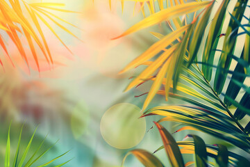 Tropical leaf background, coconut palm trees perspective a view of blue sky with palm trees in the foreground. Tropical summer holiday concept - obrazy, fototapety, plakaty