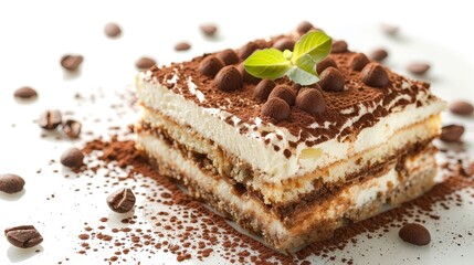 Luxurious Tiramisu, focus on creamy layers and cocoa dust, sometimes flavored with rum, ideal for dessert menus, isolated background
