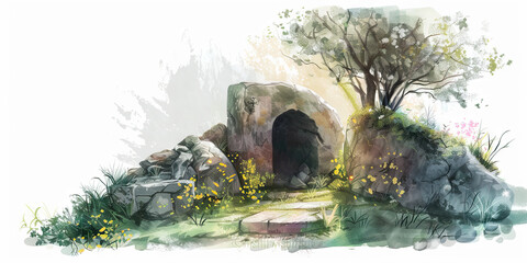 Resurrection: The Empty Tomb and Risen Christ - Visualize an empty tomb with Jesus risen from the dead, symbolizing the resurrection and victory over death