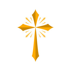 Golden yellow christian crucifix cross religion with light rays flat vector icon design