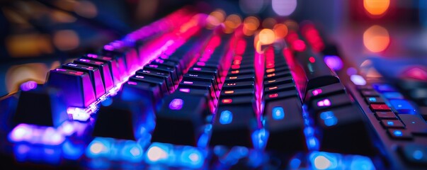 Fototapeta na wymiar Futuristic computer PC keyboard with colorful RGB lights on work desk