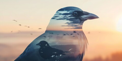 A double exposure of birds shot in a vivid mountain at dawn environment, with the birds soaring over a white backdrop and space, Generative AI. - obrazy, fototapety, plakaty