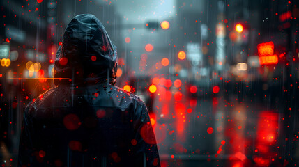 Urban Futuristic Cityscape. Person in Raincoat with Hood in Modern Digital Lifestyle Concept for Future Technology. Rainy Day in Urban City Street. Street Scene with Person in Hooded Coat and Future.