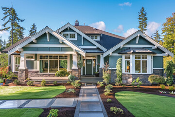 A front view of an elegant azure craftsman cottage style home, with a triple pitched roof, immaculate landscaping, a neat walkway, and superior curb appeal, reflecting a peaceful living space.