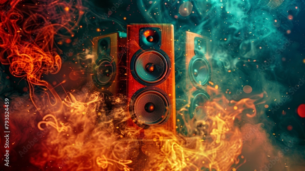 Poster dynamic and colorful image of speakers with fiery and aquatic visual effects representing energy and