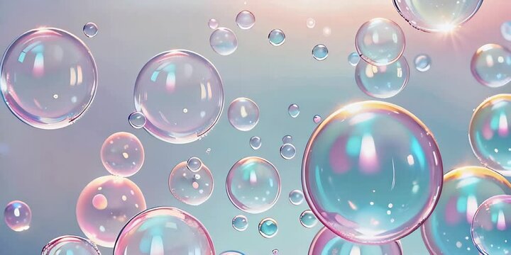Background with soap bubbles in pastel colors. Soap bubbles fly in backlight.