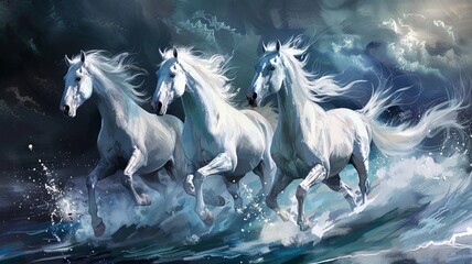 Obraz na płótnie Canvas original art, painting of three white horses to represent power
