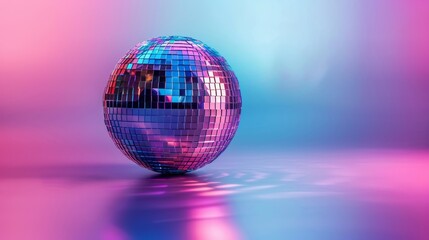 Reflective disco ball under pink and blue neon lights with glossy floor reflection.