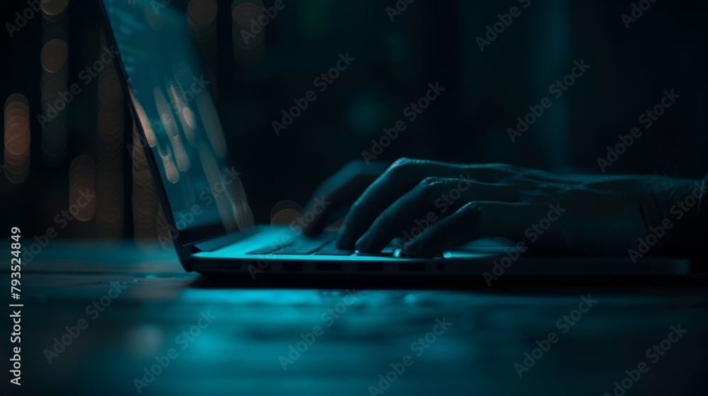 Poster close-up of hands typing on a backlit laptop keyboard in a dark setting.
