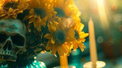 A human skull amid blooming sunflowers with a bokeh light background, evoking a Halloween theme. - obrazy, fototapety, plakaty