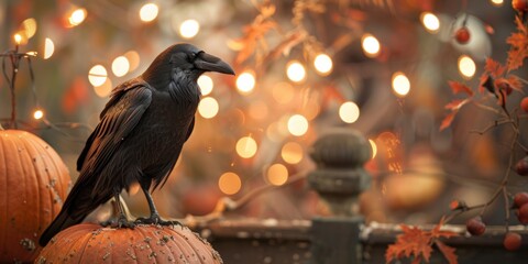 Naklejka premium A black raven perched on an orange pumpkin surrounded by autumn leaves and bokeh lights.