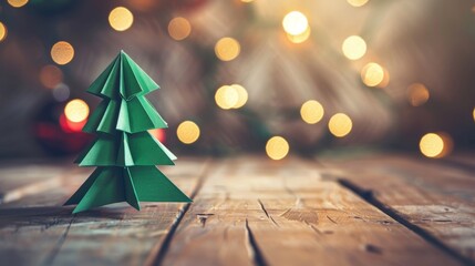 Crafted green origami Christmas tree with warm bokeh lights on a rustic wooden tabletop, symbolizing homemade holiday spirit.
