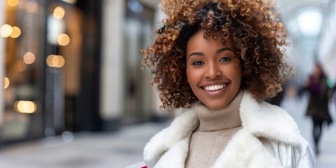 Smiling African American woman shopping in an urban retail district.