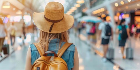 Young woman with hat and backpack walking through an airport shopping area.