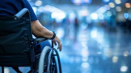 Fototapeta na wymiar Individual in a wheelchair navigating through a busy airport terminal.