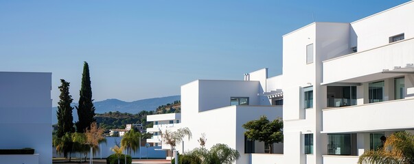 White building with modern architecture and blue sky