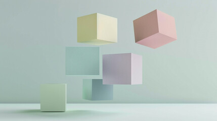 A 3D rendering of abstract geometric blocks in soft pastels, arranged in a floating, balanced composition.