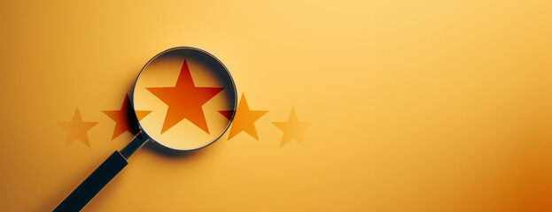 Positive feedback, Magnifying glass with five star, Excellent or good review result concept, Customer giving rating for experience or quality product and service, Opinion survey