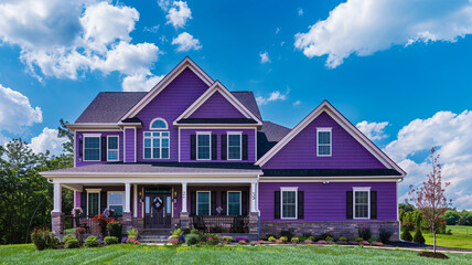 A majestic violet house adorned with siding and shutters stands proudly on a large lot in the...