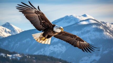 Obraz premium American bald eagle soaring gracefully in the blue sky, displaying its majestic wings and freedom