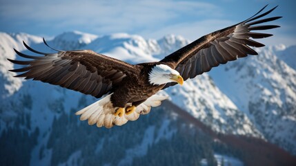 Obraz premium American bald eagle soaring gracefully in the blue sky, displaying its majestic wings and freedom