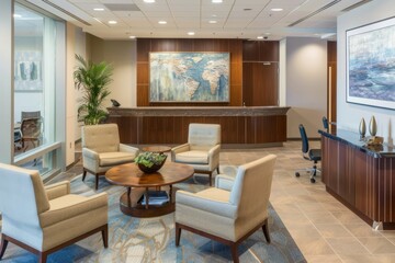 Professional Photography of a law firm's lobby adorned with elegant furnishings and artwork, creating a professional and welcoming atmosphere, Generative AI