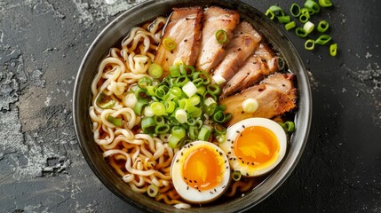 Gourmet Japanese Ramen top shot, featuring wheat noodles in miso-flavored broth, topped with sliced pork, soft-boiled eggs, and green onions, isolated background