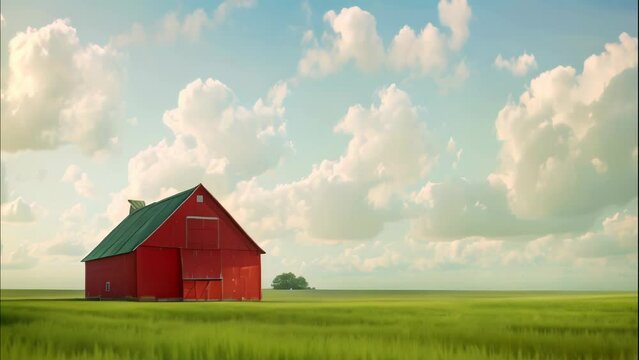 Classic red barn with green wheat field. 4k video