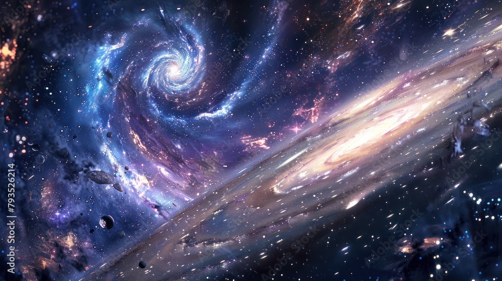 Wall mural a view from space to a spiral galaxy and stars. universe filled