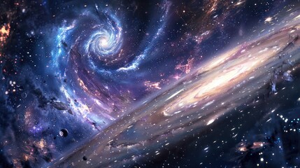  A view from space to a spiral galaxy and stars. Universe filled 
