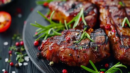 Succulent grilled steak seasoned with rosemary, spices, and scattered peppercorns on a dark surface.