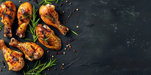 Fotobehang Deliciously roasted chicken legs seasoned with herbs and spices on a dark slate background, gourmet meal. © tashechka