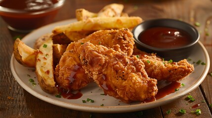 A plate of golden fried chicken tenders served with crispy seasoned potato wedges and tangy barbecue sauce for dipping