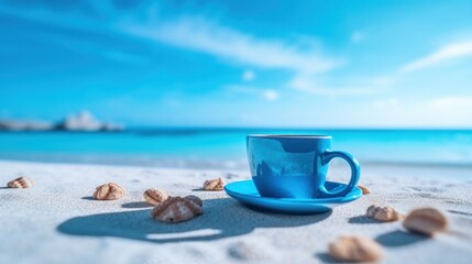 Fototapeta na wymiar blue cup on white sand beach over blue sky.AI generated image