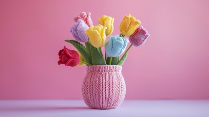Over an elegant pastel setting, a vivid hand-knitted tulip in a knitted flower vase eye soothing for mother's day and space, Generative AI. - obrazy, fototapety, plakaty