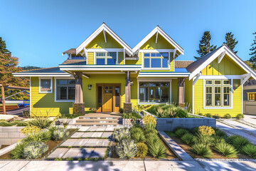 A newly constructed bright chartreuse craftsman cottage style home, with a triple pitched roof, surrounded by innovative landscaping and a modern, clean entrance, embracing bold aesthetics. - obrazy, fototapety, plakaty