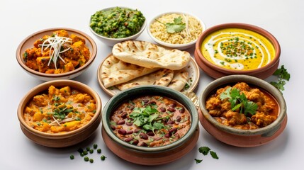 Flavorful spread of Indian and Southeast Asian curries, from lentil to vegetable, artistically served with naan and roti on a clean isolated background, studio lighting