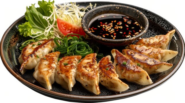 Flavorful top shot of Japanese Gyoza with a stuffing of chicken, cabbage, and spices, served with a unique dipping sauce, perfect for food ads, isolated background