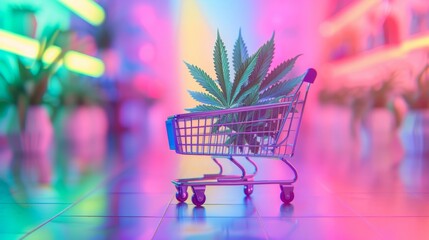 Colorful neon light scene with cannabis leaves in a miniature shopping cart on shiny surface.