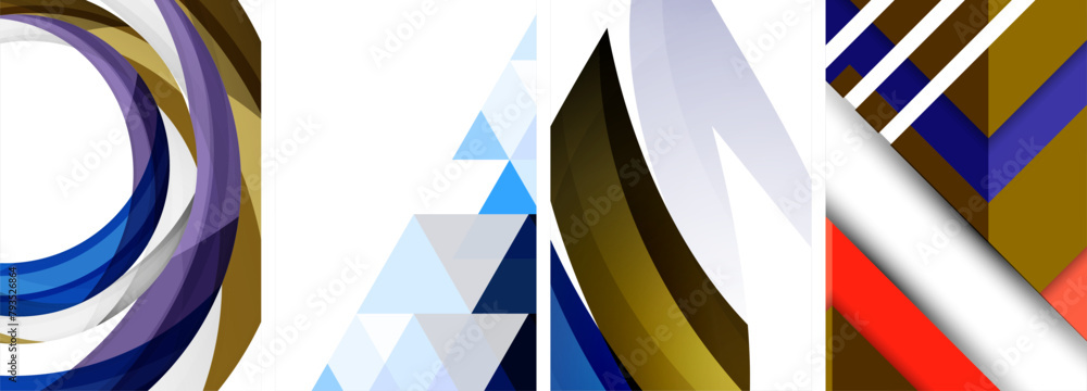 Poster a vibrant display of electric blue geometric shapes like triangles, circles, and patterns on a white
