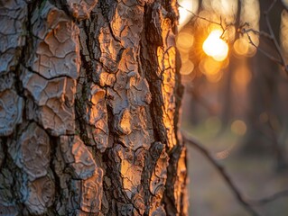 Bark Texture - Strength - Morning Light - Close-up of rugged tree bark illuminated by soft sunlight in a forest - obrazy, fototapety, plakaty