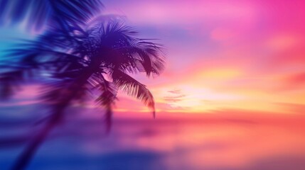 Fototapeta na wymiar Palm tree silhouette against a colorful sky with purple and pink hues of a serene sunset.