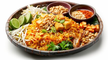 Exquisite presentation of Pad Thai, a beloved Thai noodle dish, made with eggs, tofu, and chicken, flavored with a unique sauce, peanuts, and lime, on an isolated background